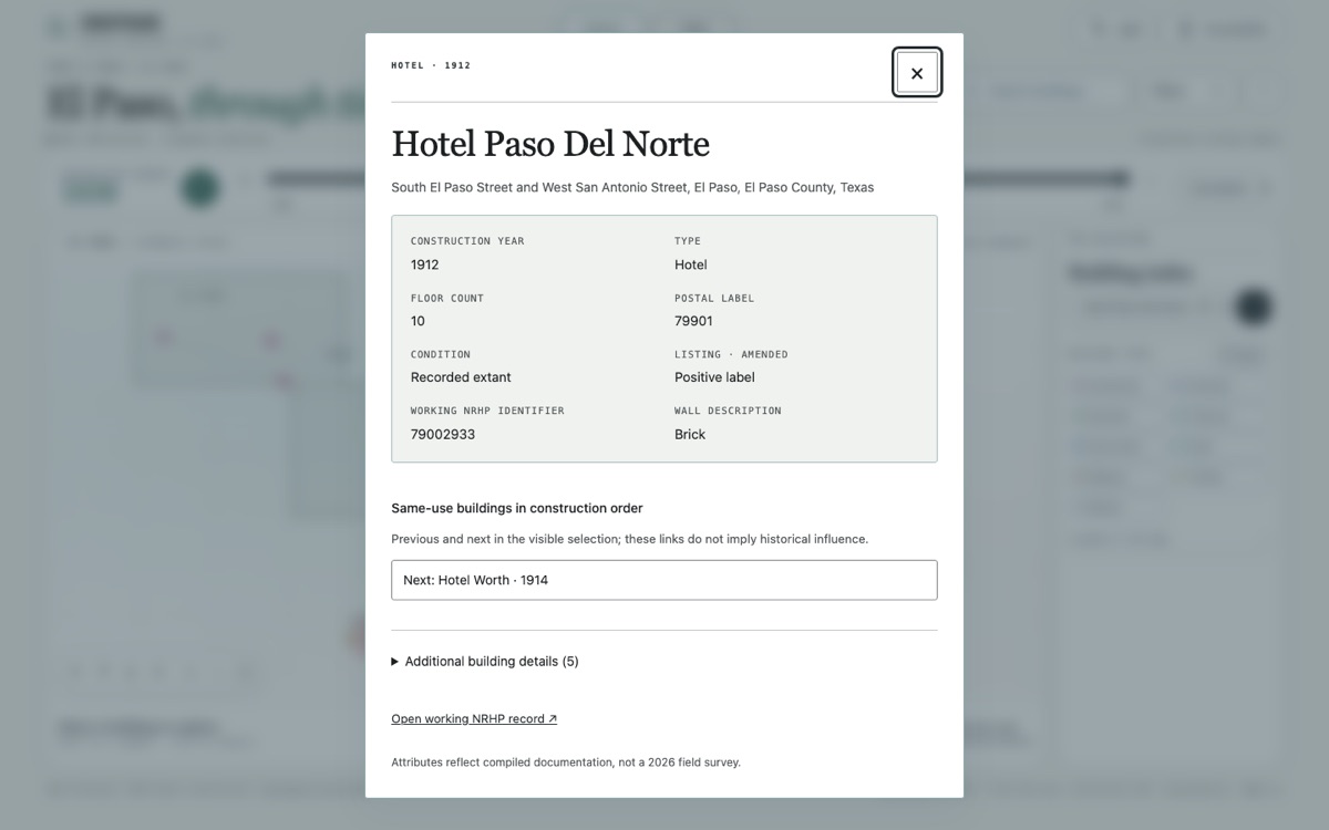 A record: Hotel Paso Del Norte, 1912, with the next building of the same use in construction order.