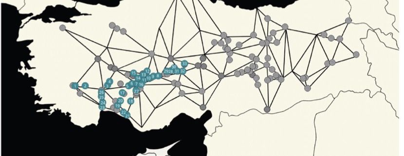 Surveyed caravanserais (numbered) within the network of routes across Anatolia.