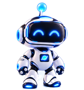 Robot blanco y amistoso con visor de VR y una insignia de planeta luminoso